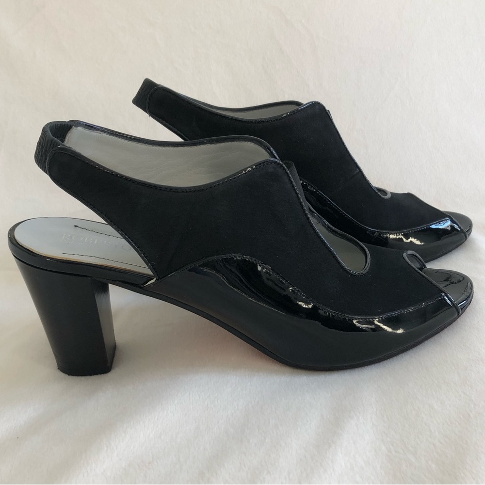 Roberto Capucci Peep Toe Slingback Leather Shoes, Sz 8, EUC Patent & Suede